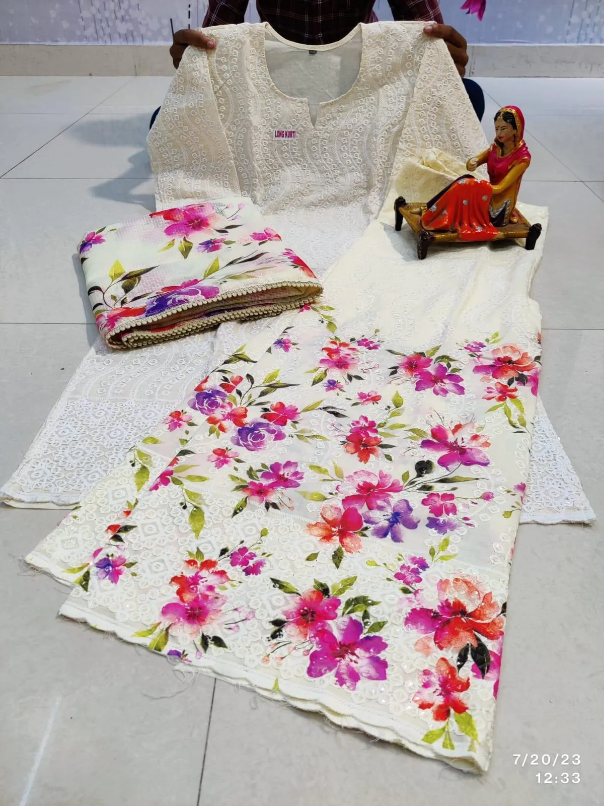 🌸 Enchanting Chikankari Sequins White Kurti Set with Pink Floral Digital Print Sharara and Dupatta🌸