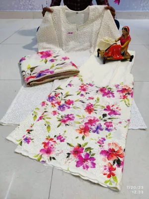 🌸 Enchanting Chikankari Sequins White Kurti Set with Pink Floral Digital Print Sharara and Dupatta🌸