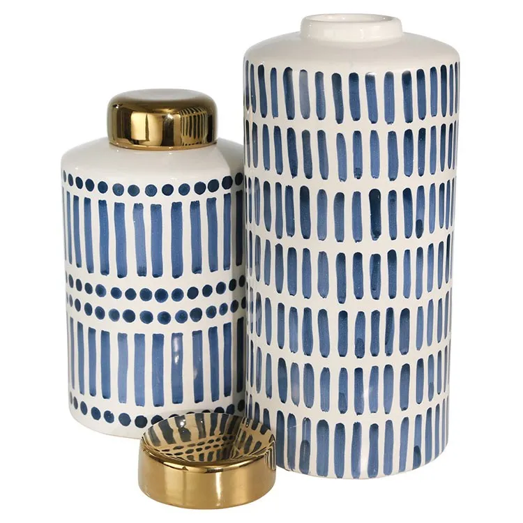 13" Ceramic Jar with Gold Lid - Blue and White