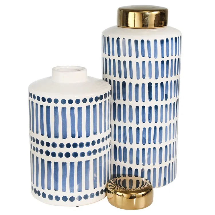 9.25" Ceramic Jar with Gold Lid - Blue and White