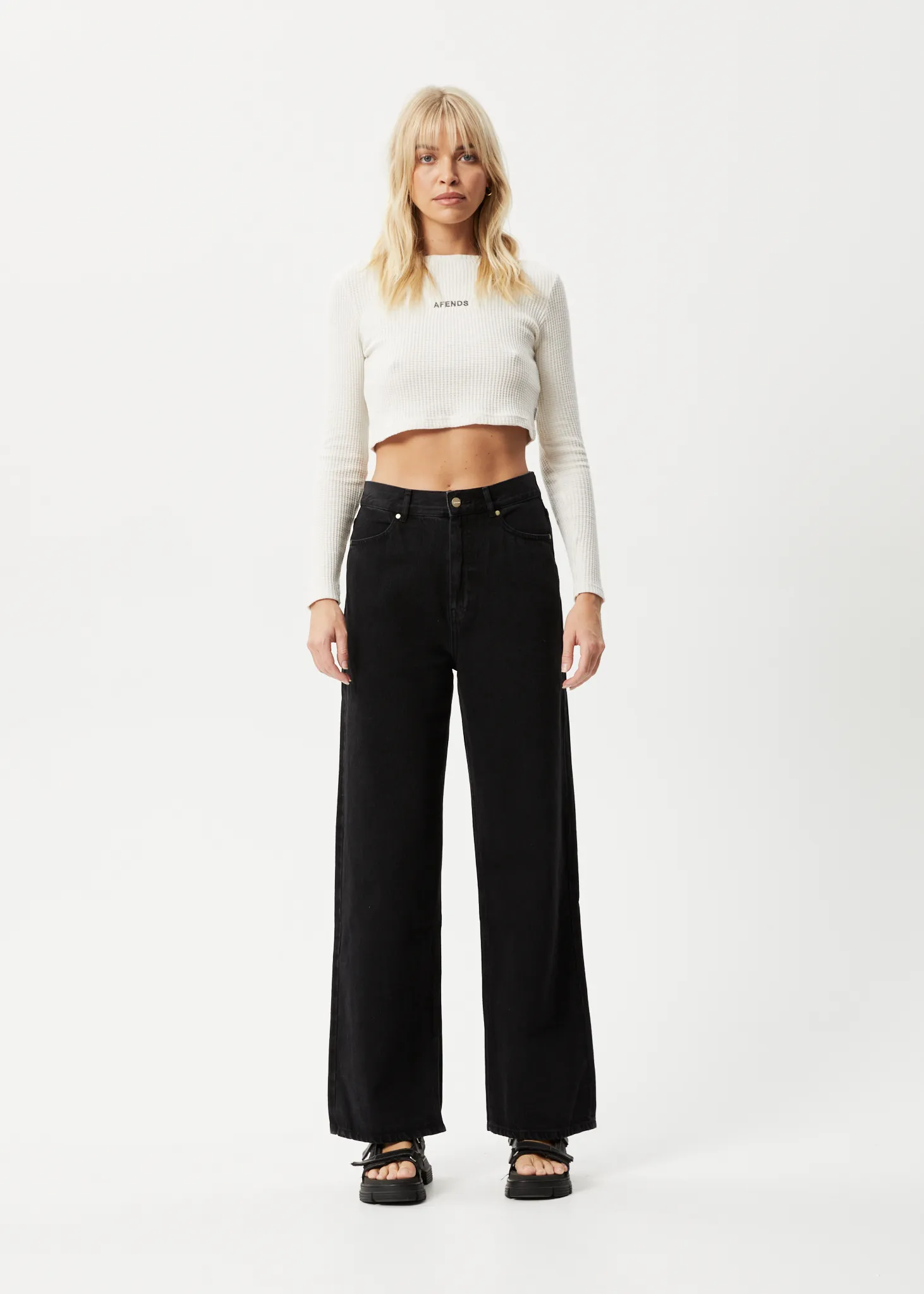 AFENDS Womens Ari - Waffle Long Sleeve Cropped Top - Off White