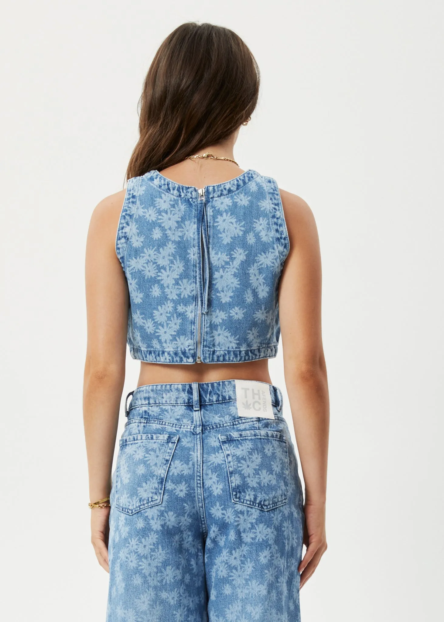 AFENDS Womens Fink - Denim Cropped Top - Worn Blue Daisy