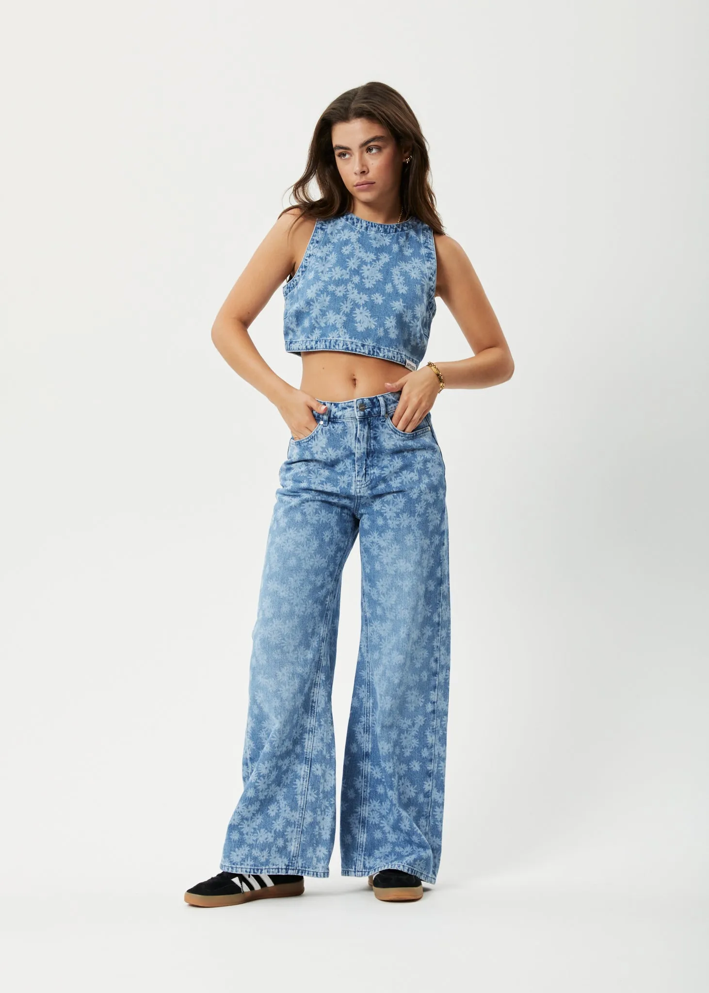 AFENDS Womens Fink - Denim Cropped Top - Worn Blue Daisy