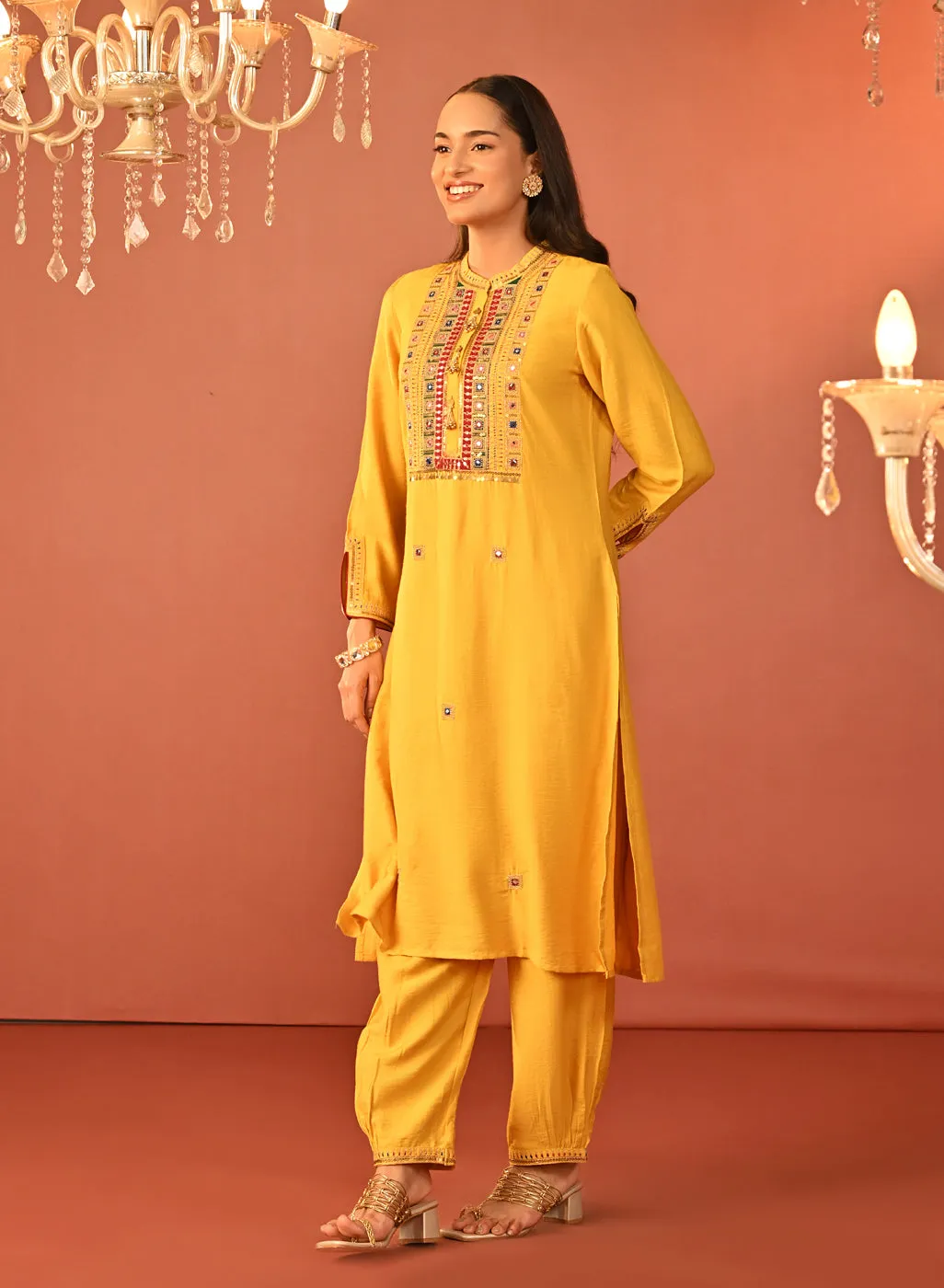 Arshia Chrome Yellow Embroidered Rayon Co-ord Set for Women