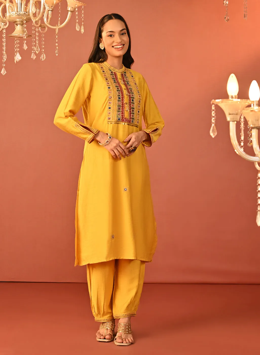 Arshia Chrome Yellow Embroidered Rayon Co-ord Set for Women