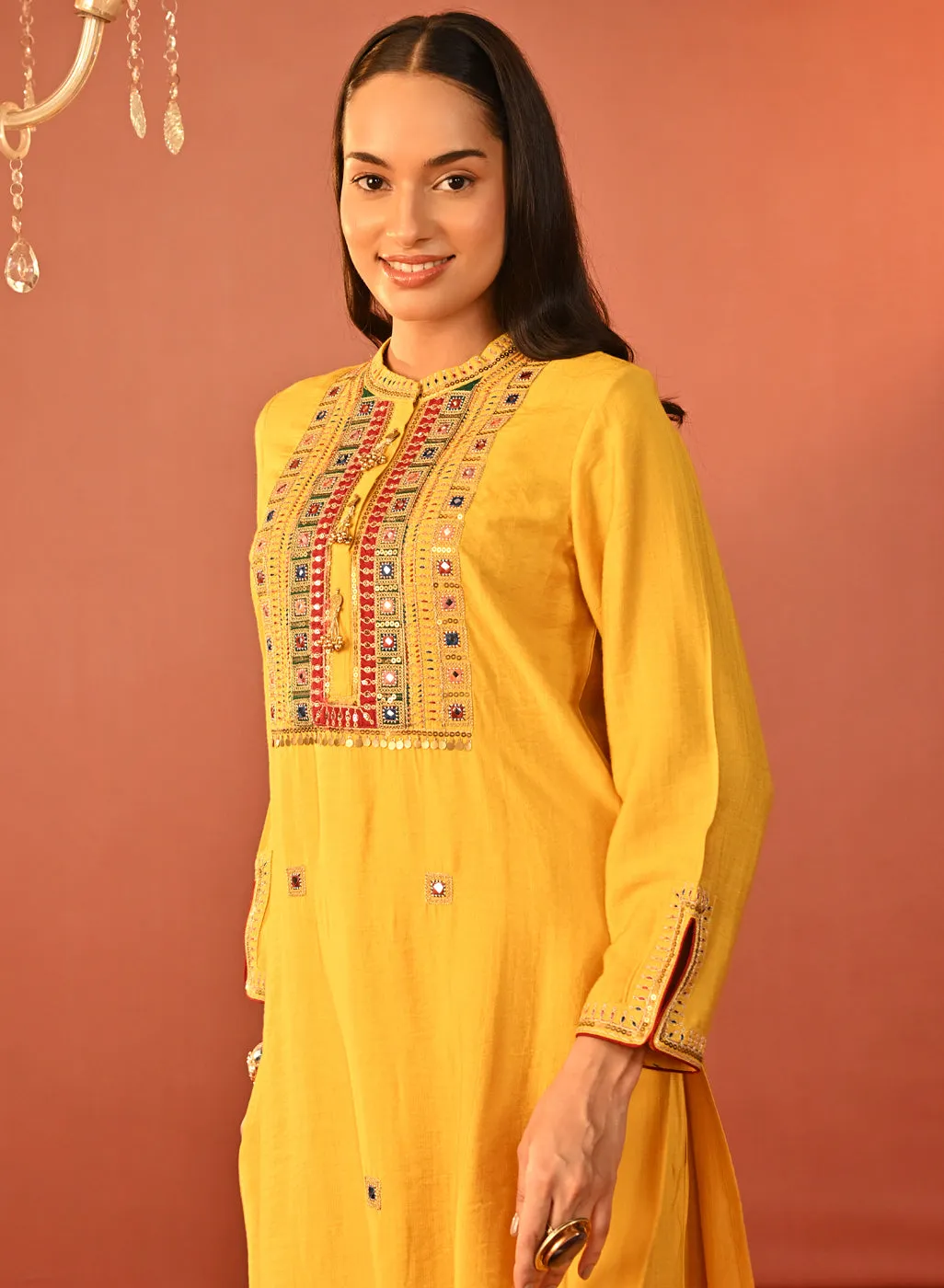 Arshia Chrome Yellow Embroidered Rayon Co-ord Set for Women