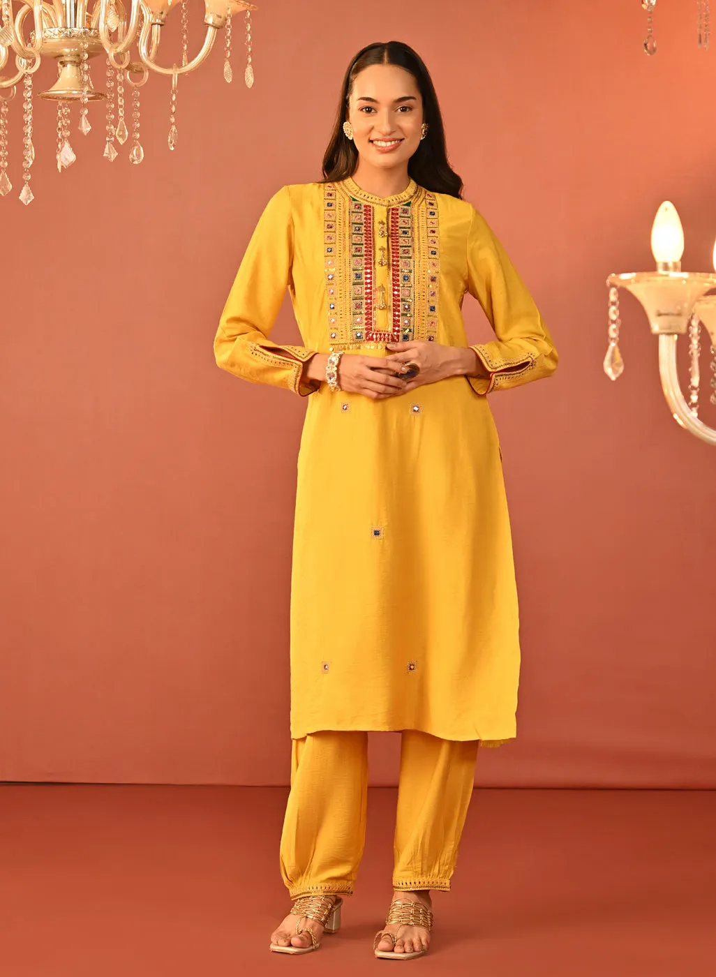 Arshia Chrome Yellow Embroidered Rayon Co-ord Set for Women