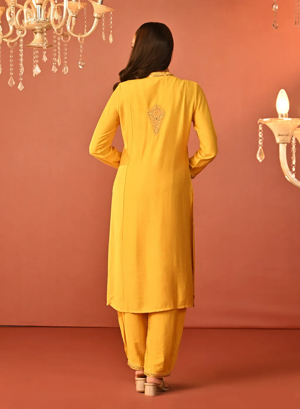 Arshia Chrome Yellow Embroidered Rayon Co-ord Set for Women