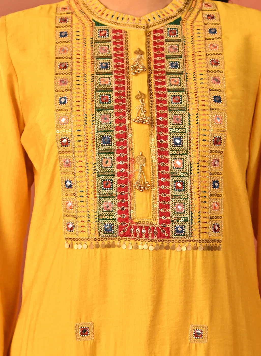 Arshia Chrome Yellow Embroidered Rayon Co-ord Set for Women
