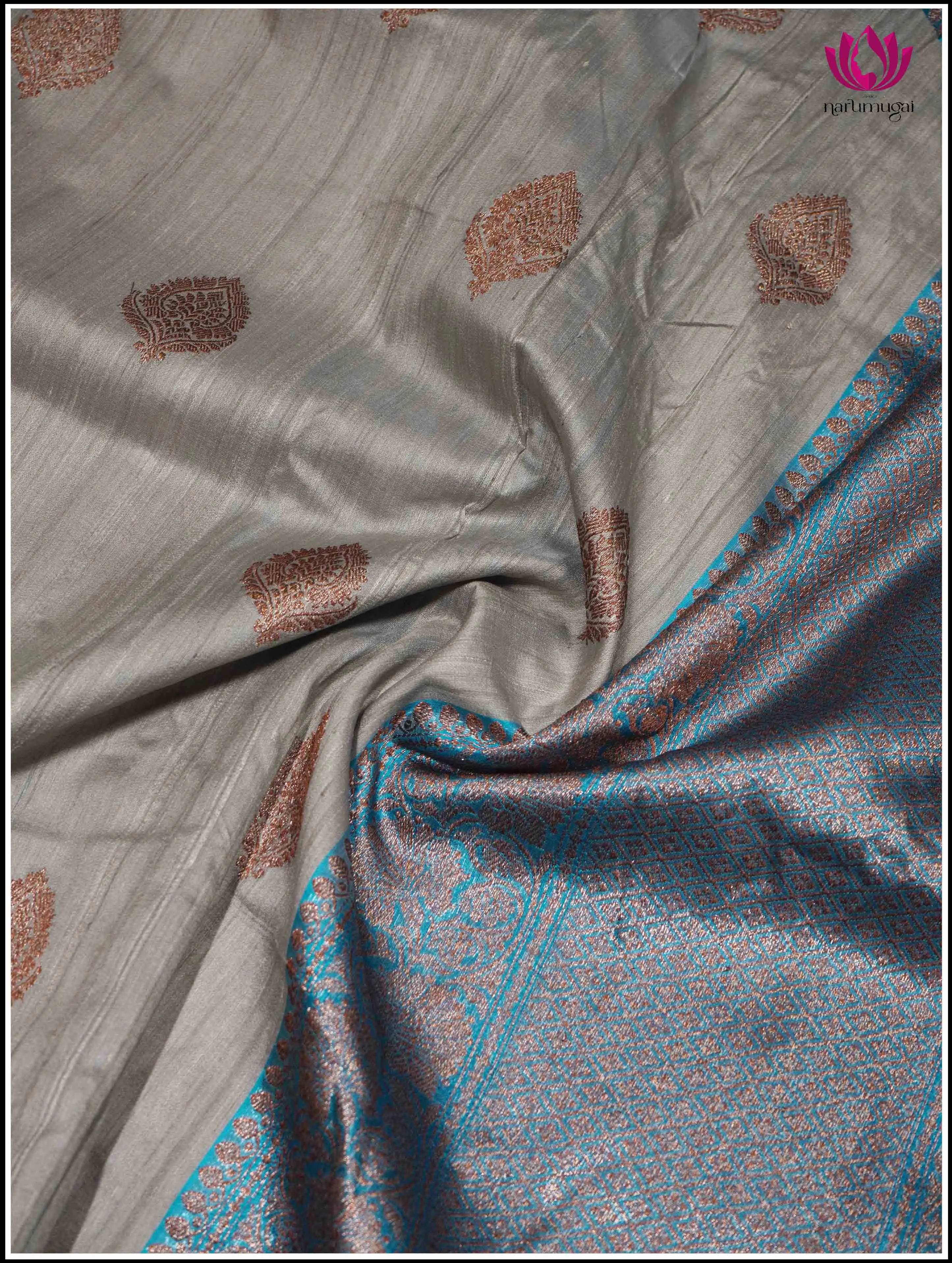 Banarasi Tussar Silk Saree in Gray and Sky Blue - Silk Mark Certified