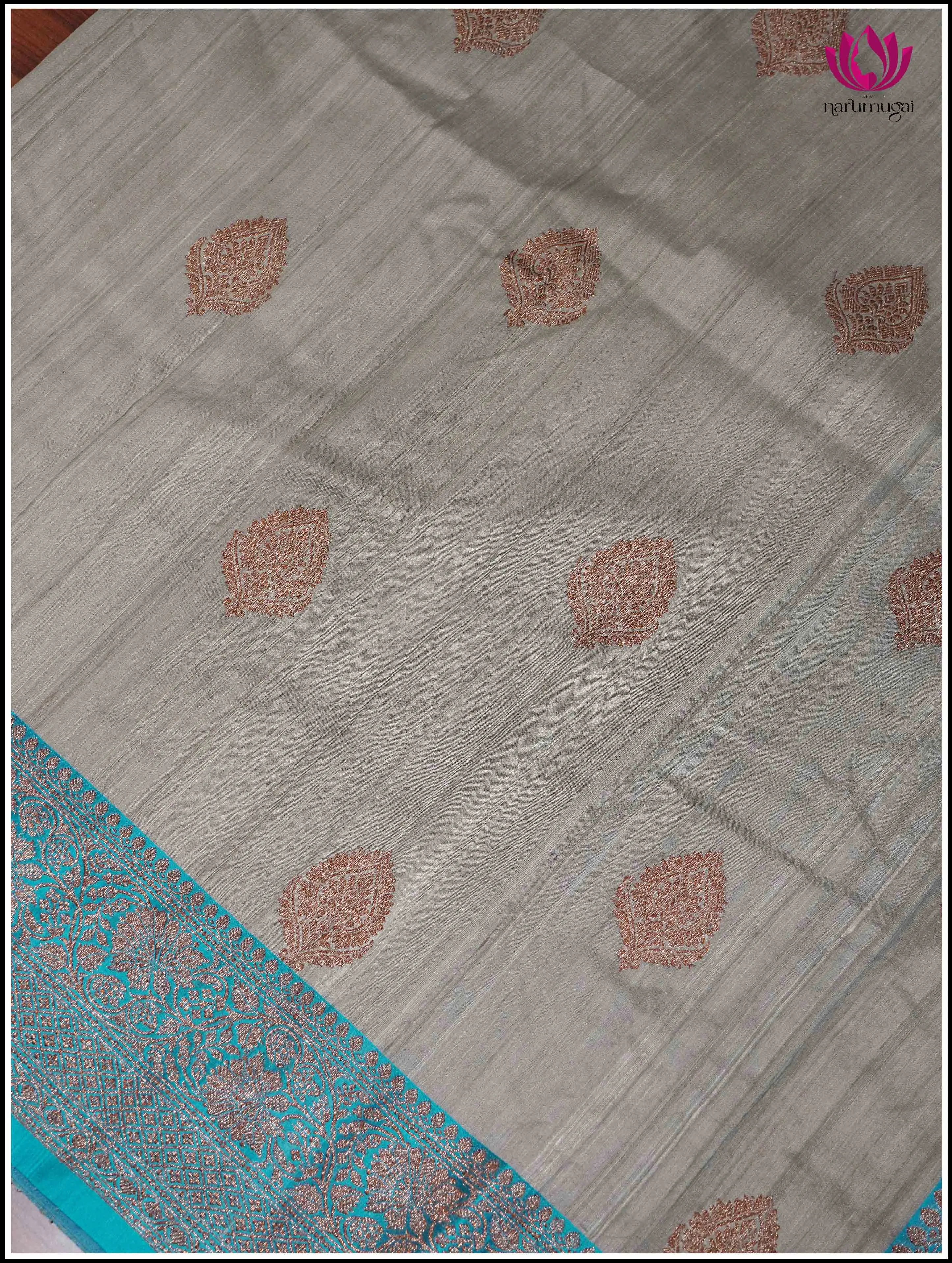 Banarasi Tussar Silk Saree in Gray and Sky Blue - Silk Mark Certified