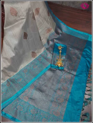 Banarasi Tussar Silk Saree in Gray and Sky Blue - Silk Mark Certified