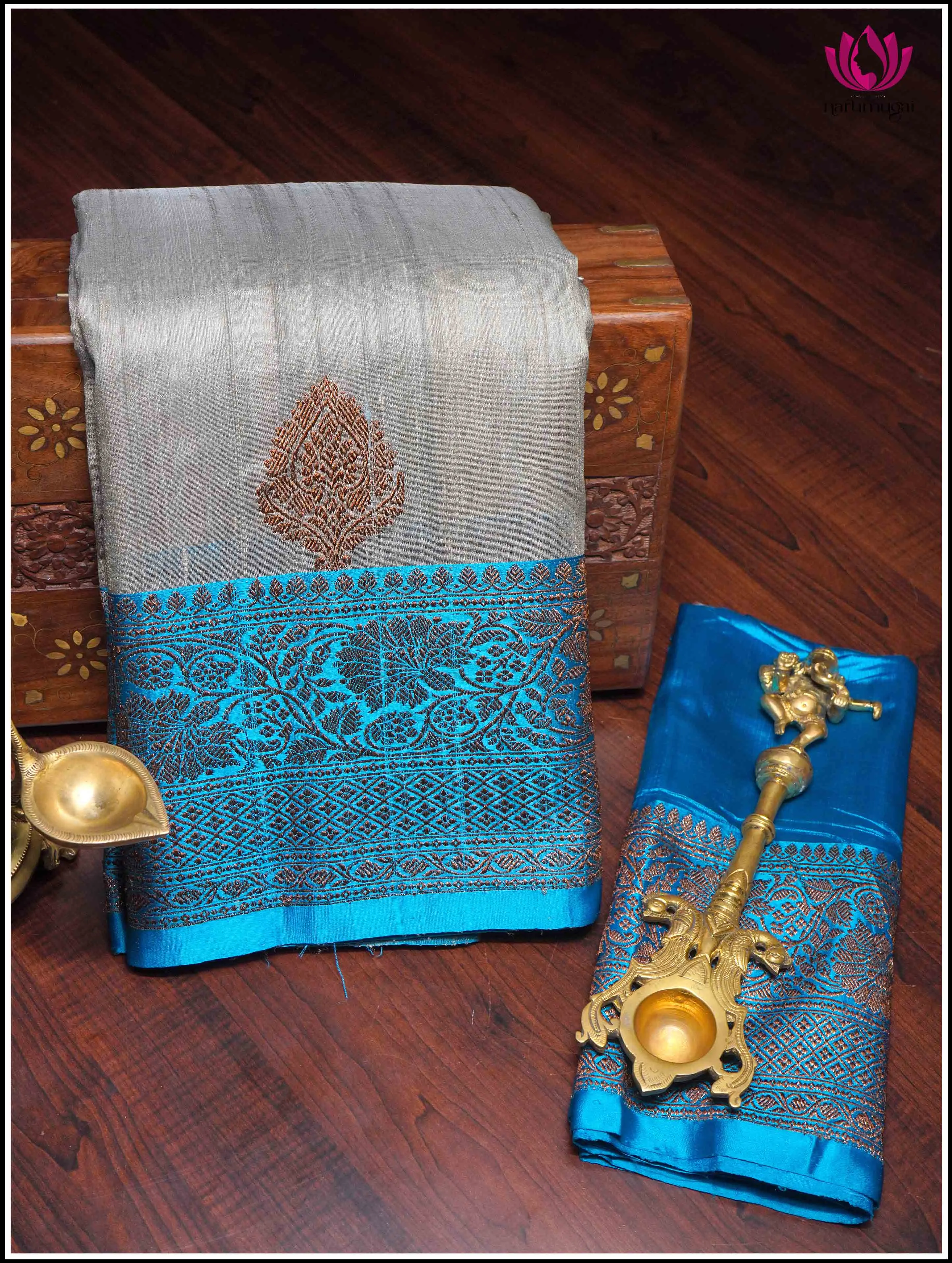 Banarasi Tussar Silk Saree in Gray and Sky Blue - Silk Mark Certified