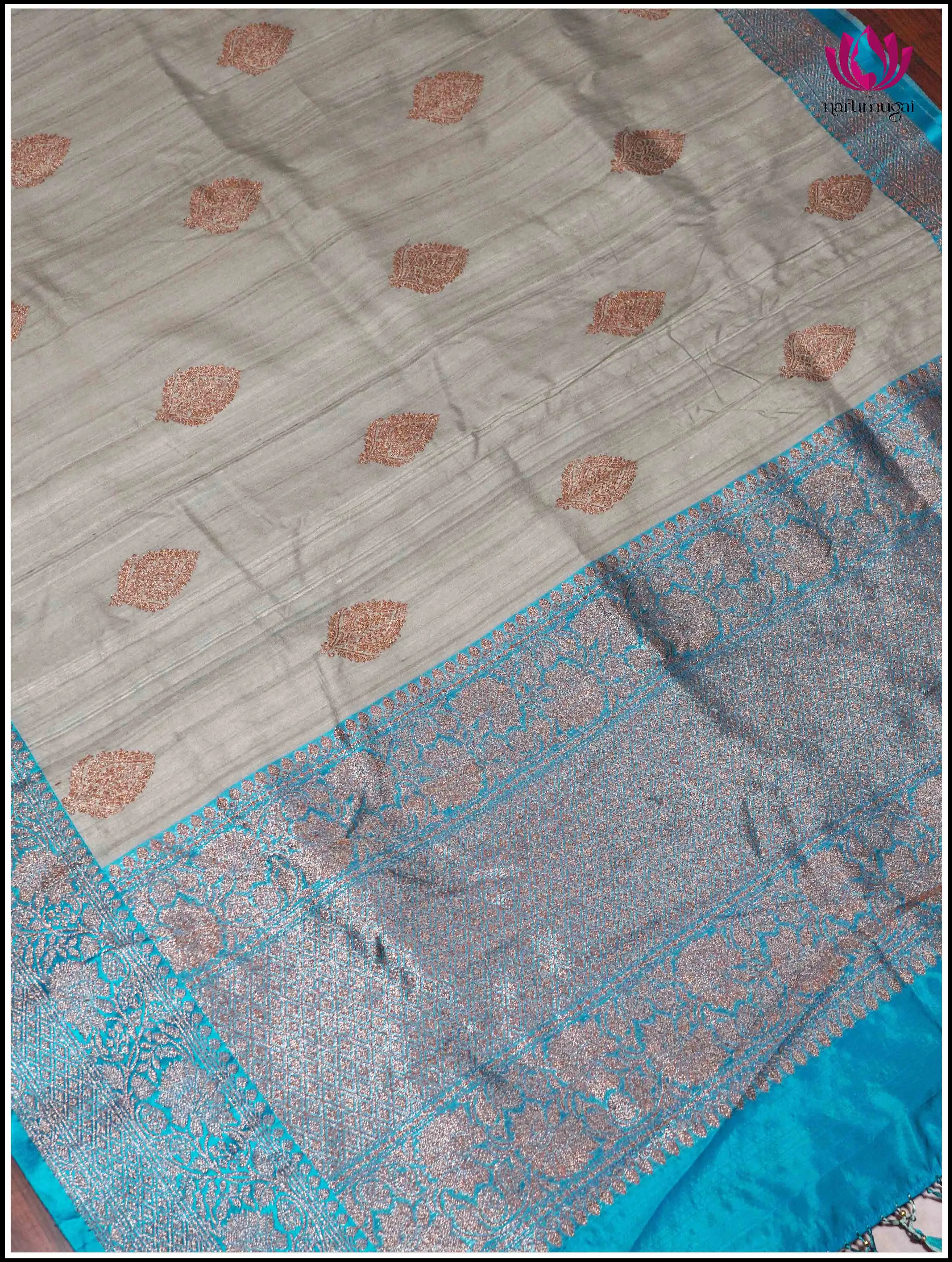 Banarasi Tussar Silk Saree in Gray and Sky Blue - Silk Mark Certified