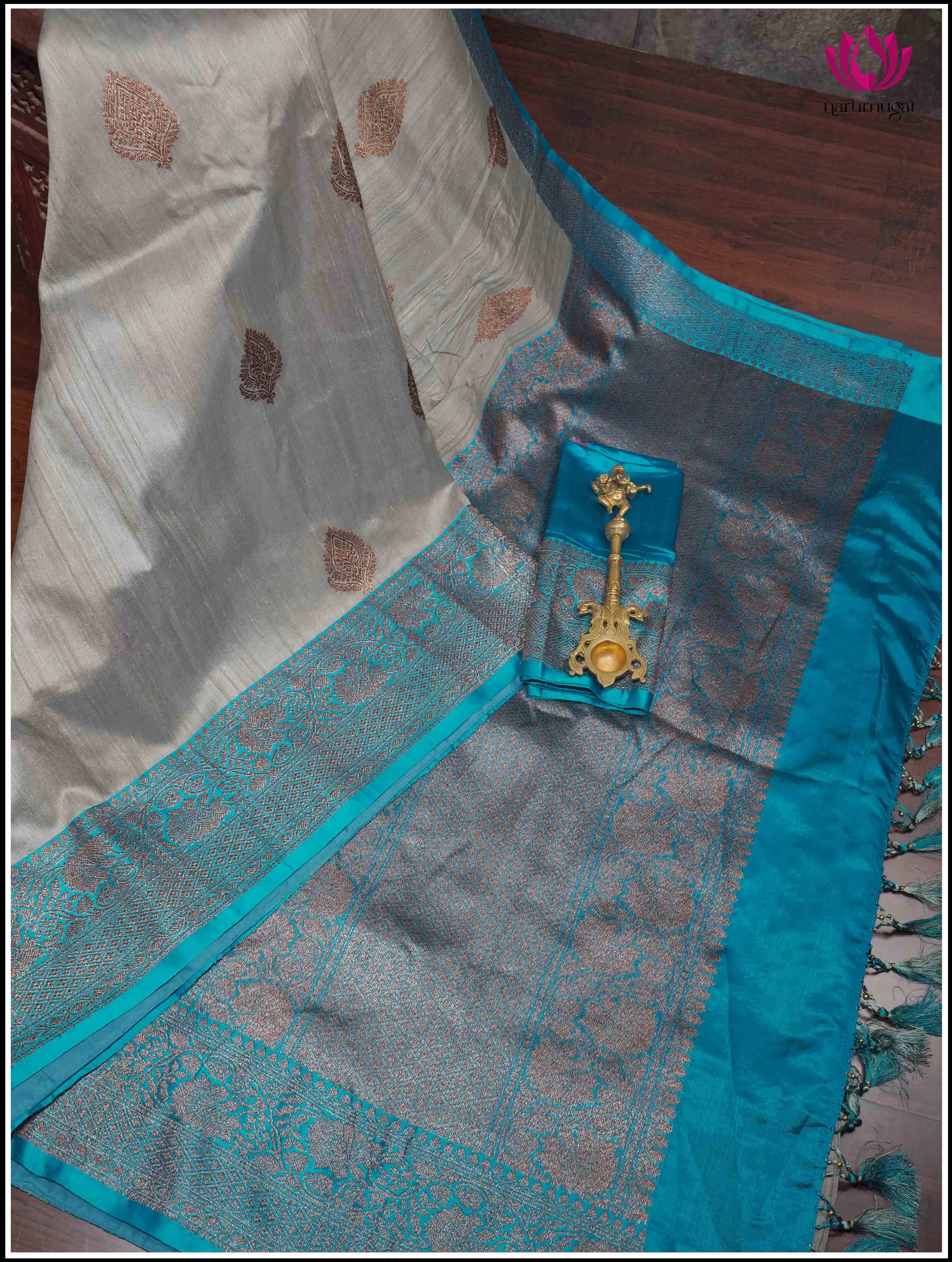 Banarasi Tussar Silk Saree in Gray and Sky Blue - Silk Mark Certified