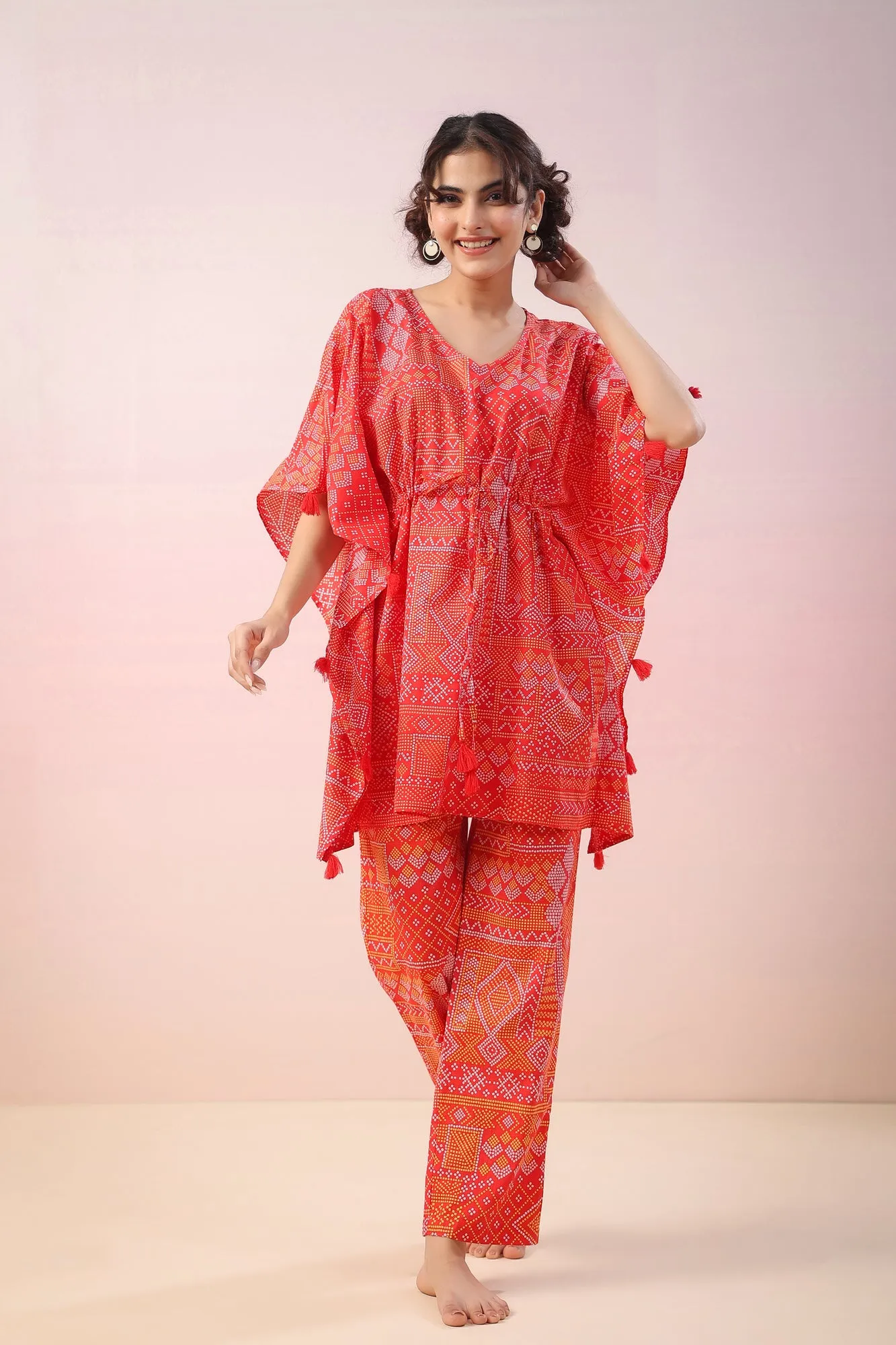 Bandhej on Red Kaftan Co-ord Set