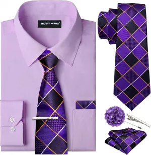 Barry.Wang Solid Colors Mens Dress Shirt and Tie Set Formal Business Wedding Shirts Long Sleeve Button Down Casual 6PCS