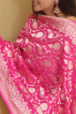 Beautiful Pink Banarasi Handloom Pure Georgette Dupatta