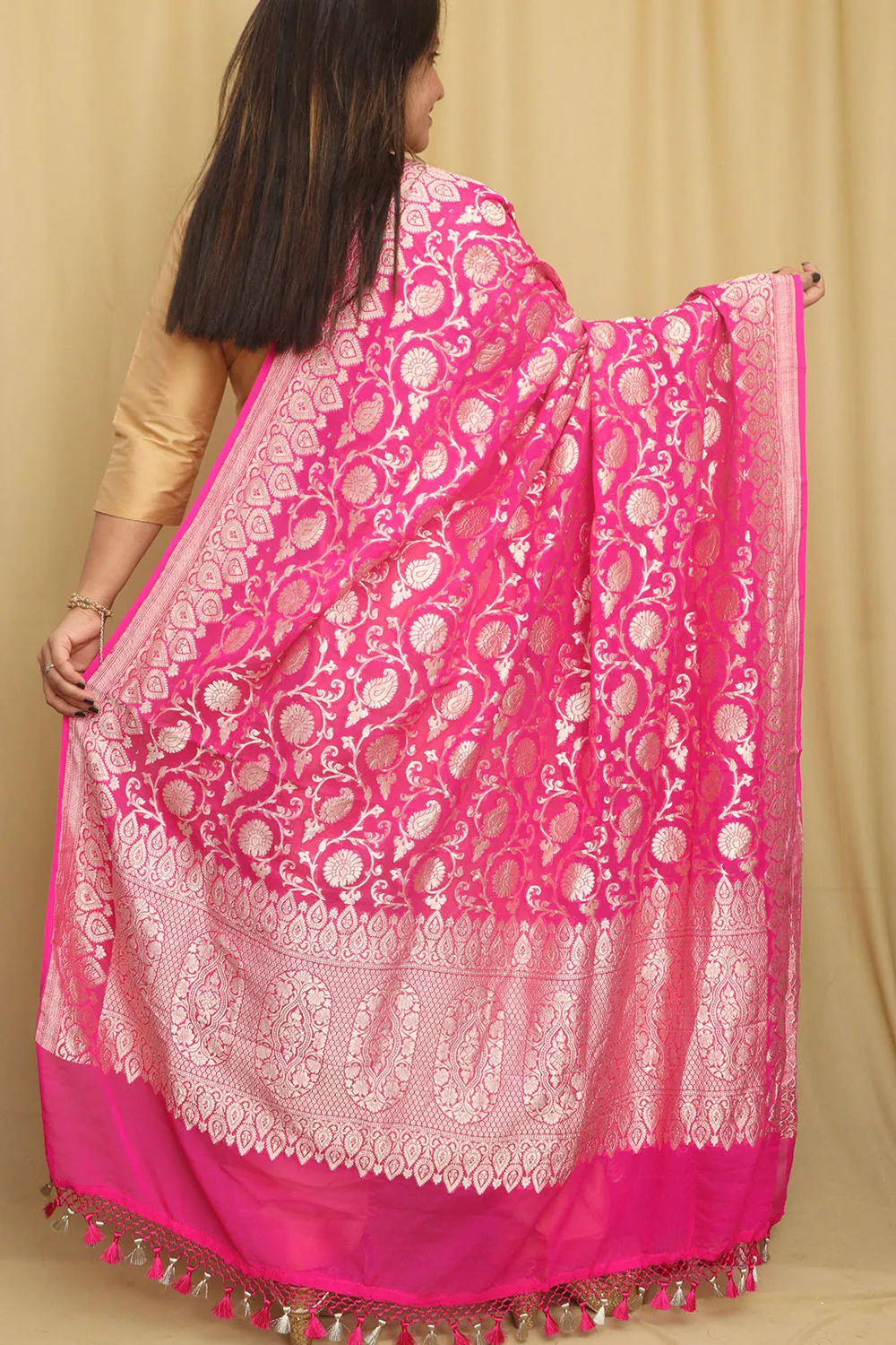 Beautiful Pink Banarasi Handloom Pure Georgette Dupatta