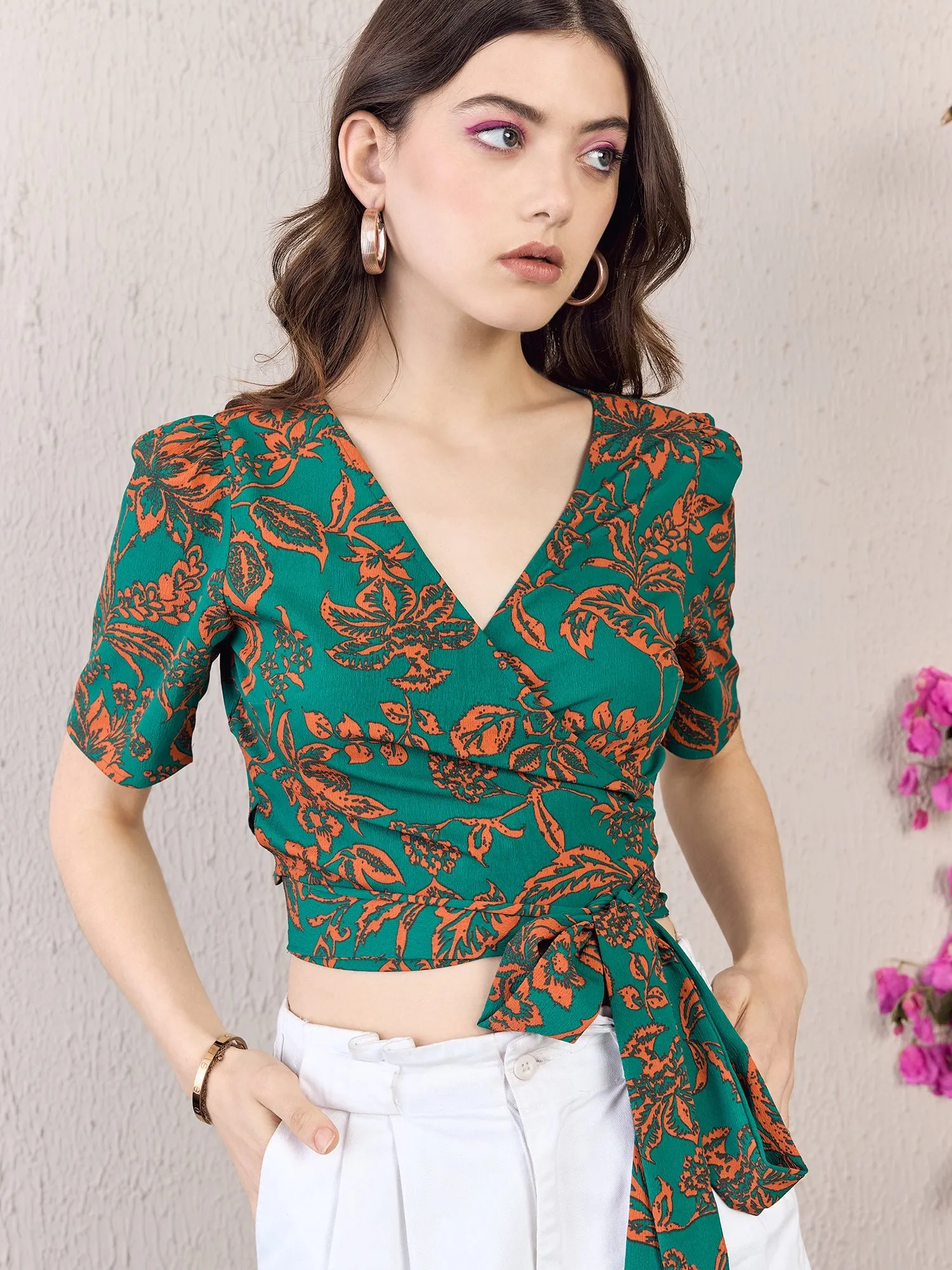 Berrylush Women Green & Orange Floral Printed V-Neck Puff Sleeves Waist Tie-Up Wrap Cropped Top