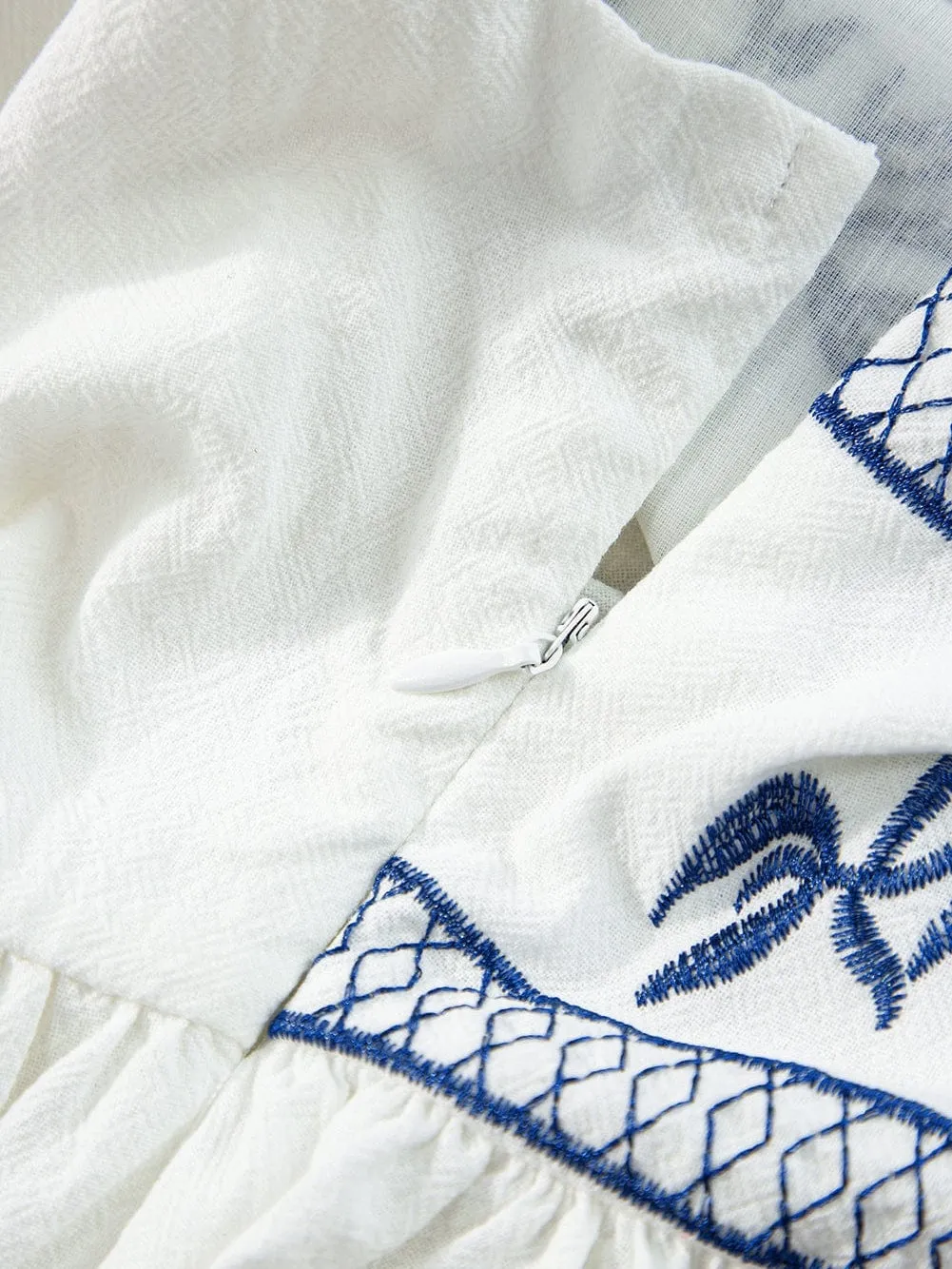 Blue and White Floral Embroidered Peasant Top