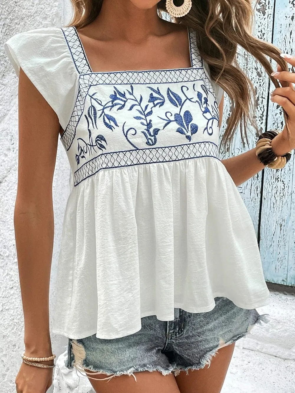 Blue and White Floral Embroidered Peasant Top