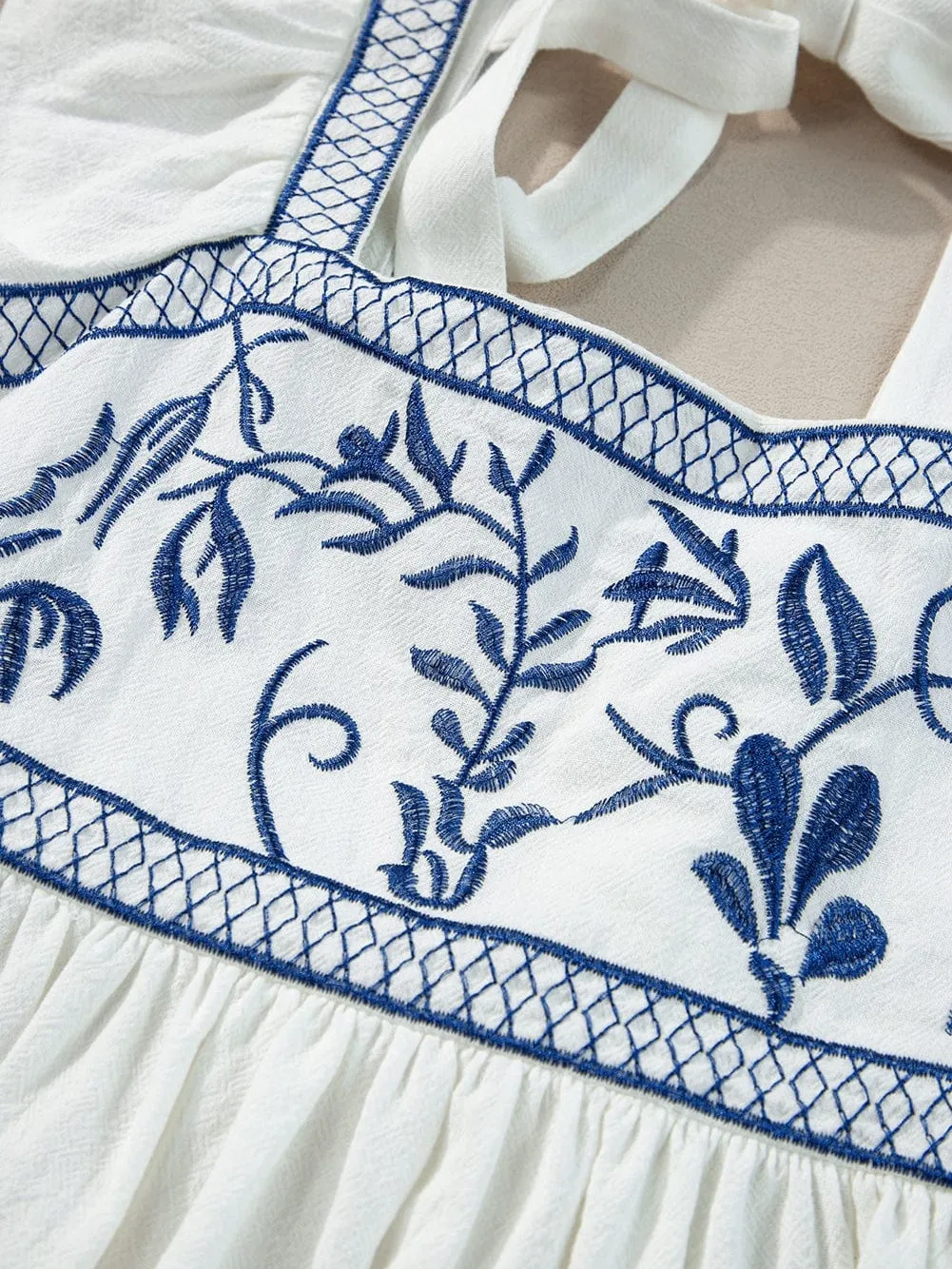 Blue and White Floral Embroidered Peasant Top