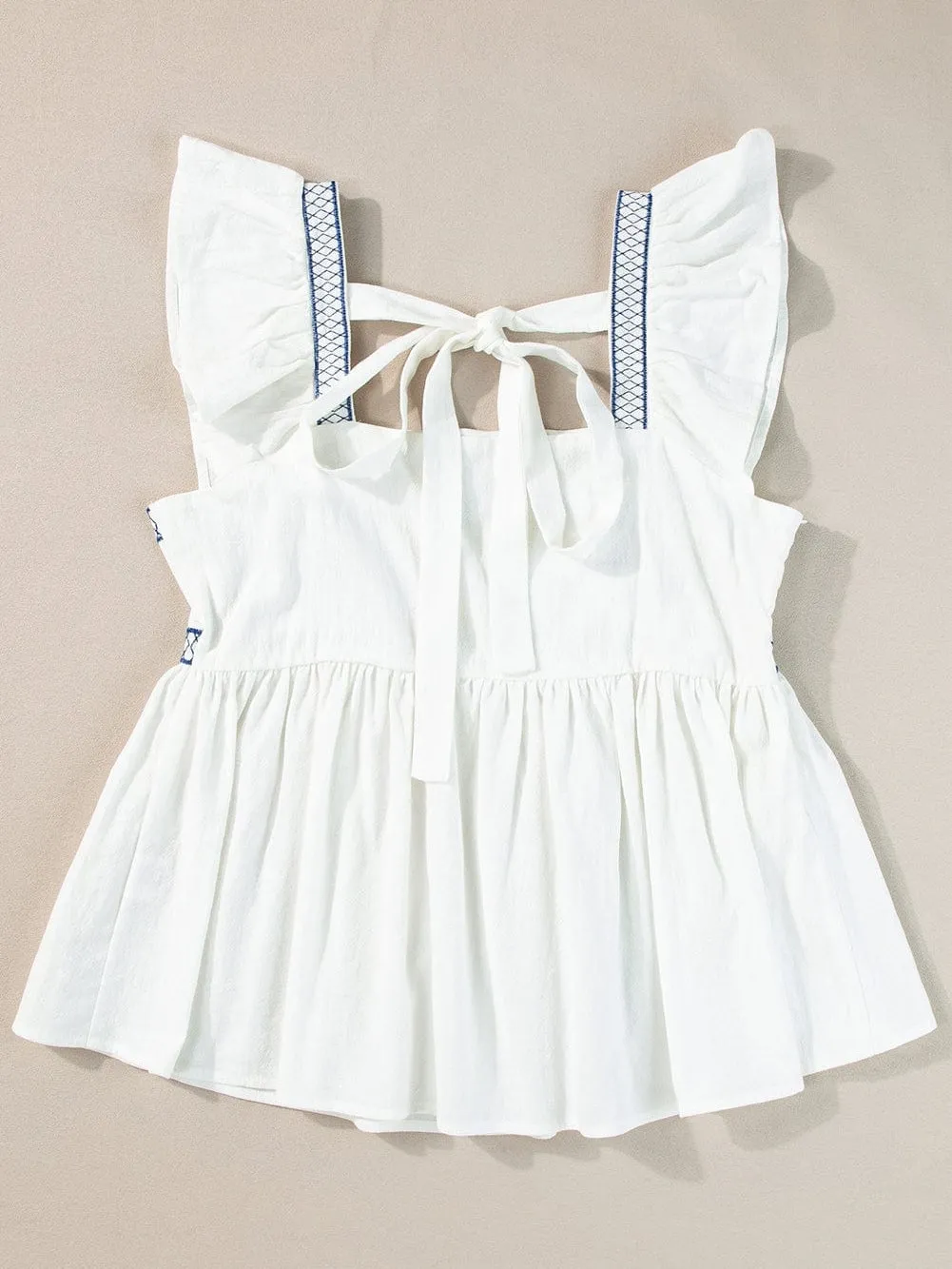 Blue and White Floral Embroidered Peasant Top