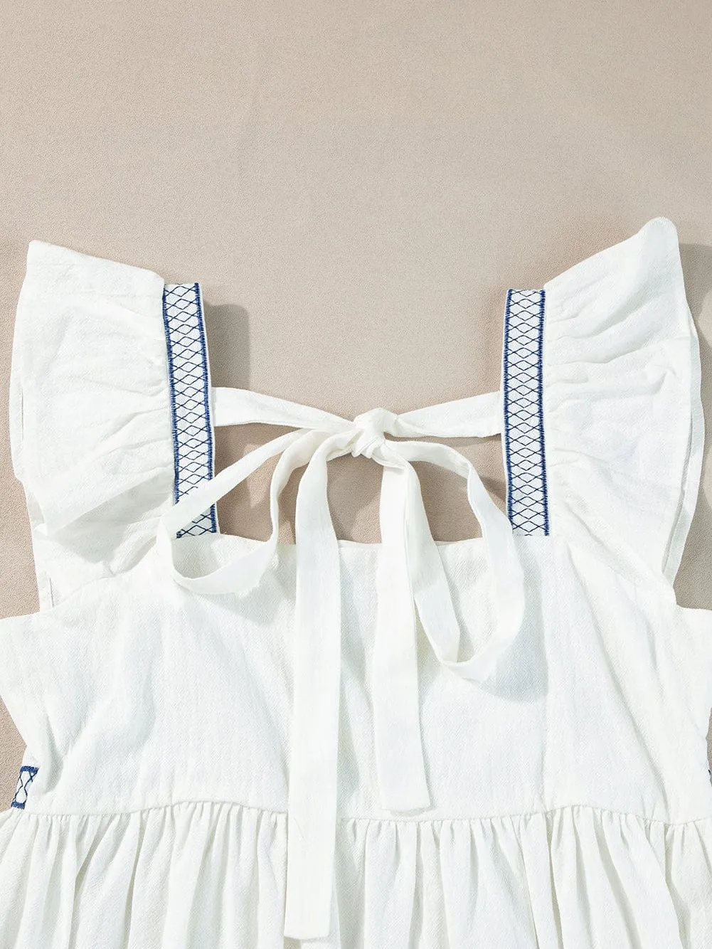 Blue and White Floral Embroidered Peasant Top