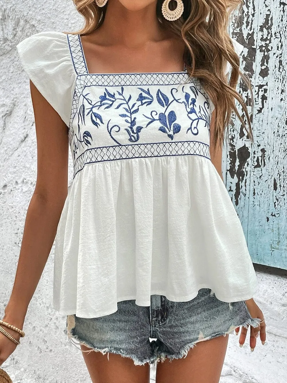 Blue and White Floral Embroidered Peasant Top