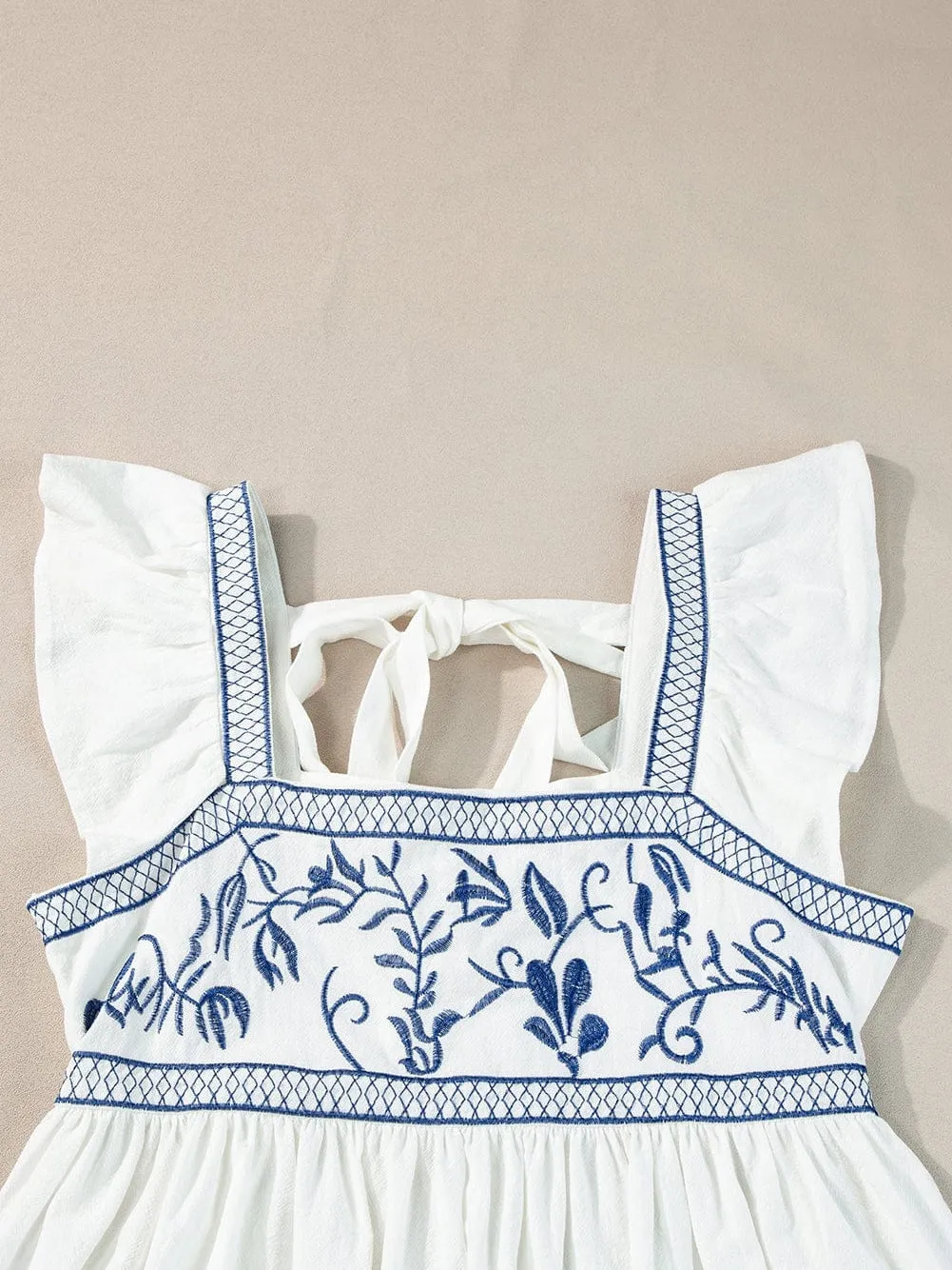 Blue and White Floral Embroidered Peasant Top