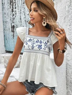 Blue and White Floral Embroidered Peasant Top