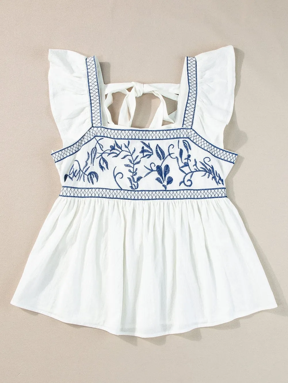 Blue and White Floral Embroidered Peasant Top
