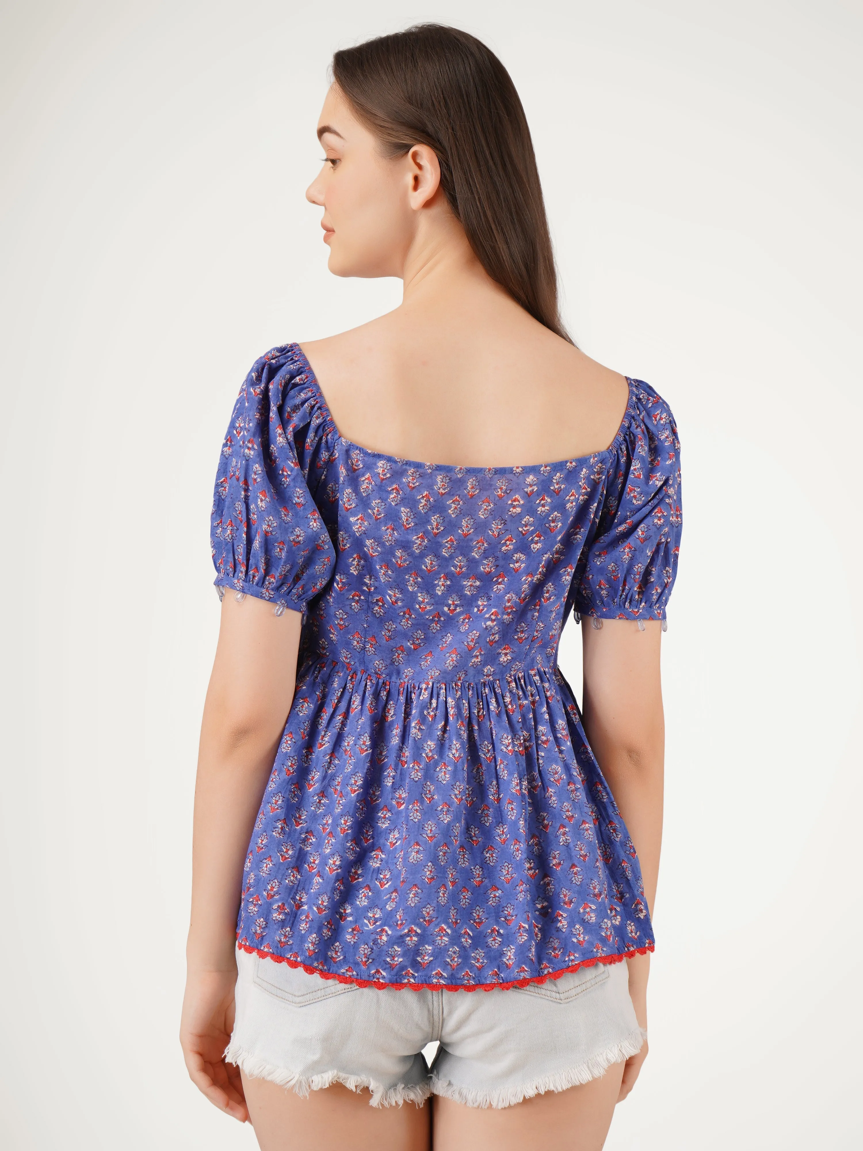 Blue Cotton Lace Embellishments Printed Top
