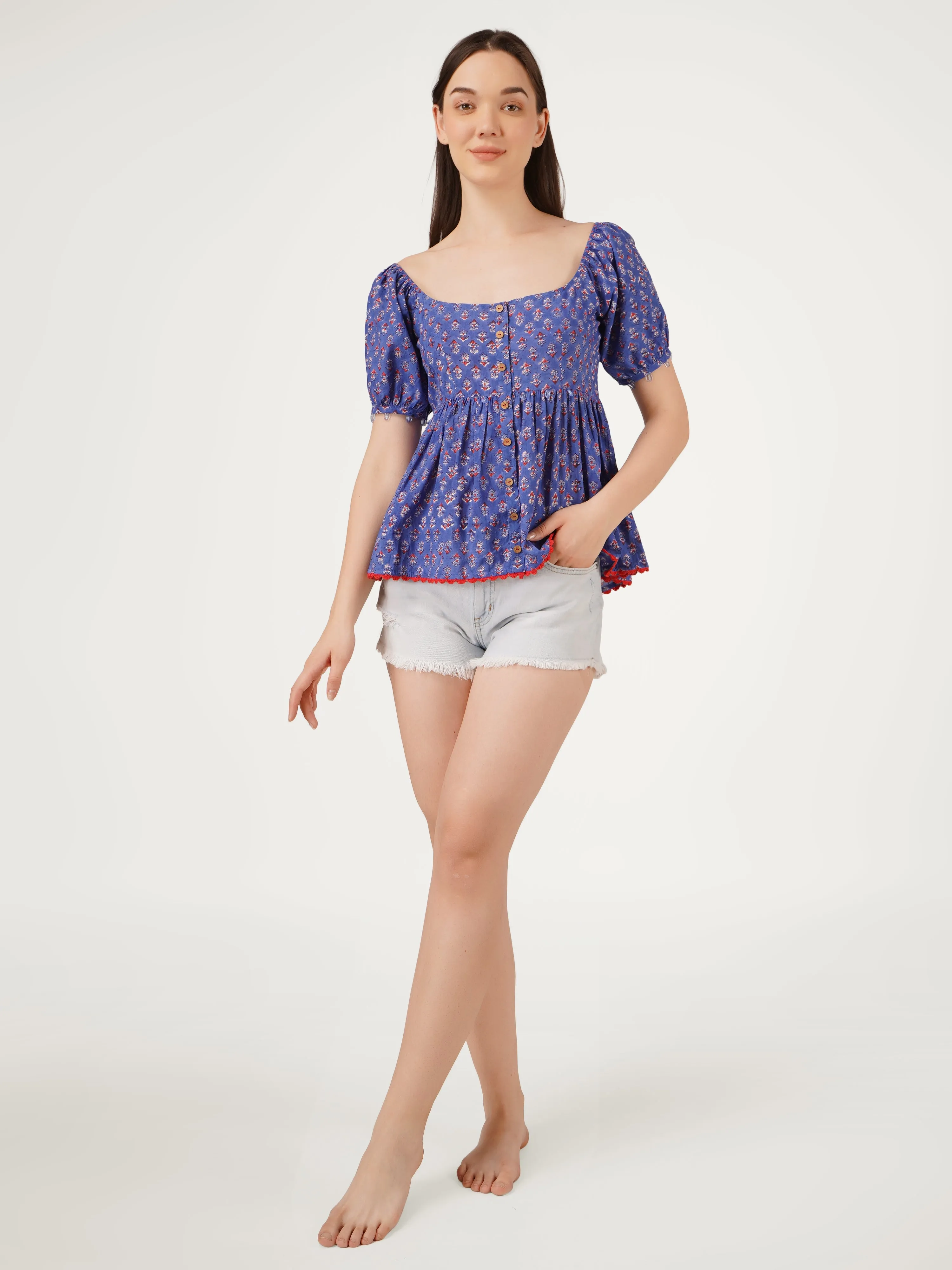 Blue Cotton Lace Embellishments Printed Top
