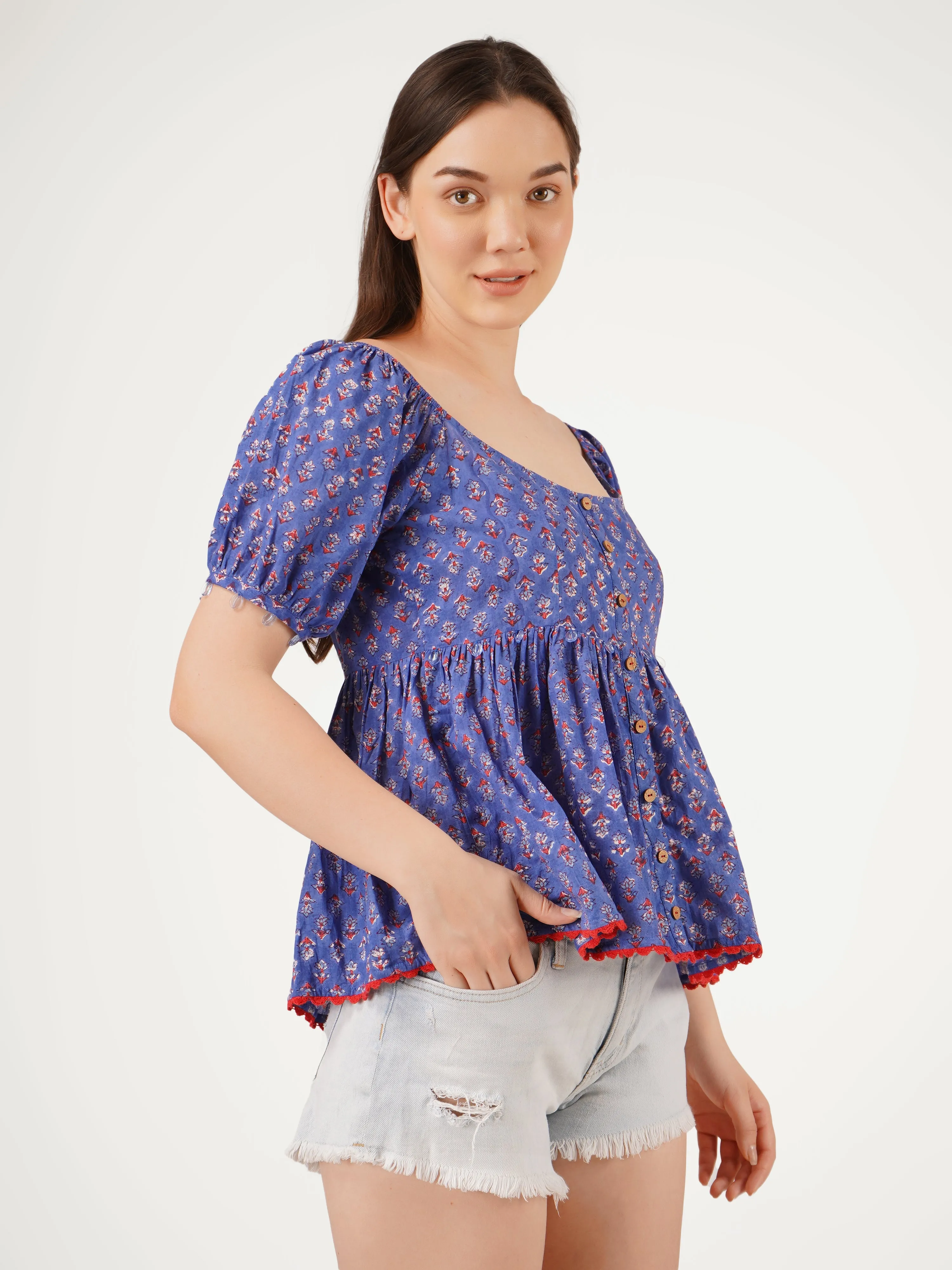 Blue Cotton Lace Embellishments Printed Top