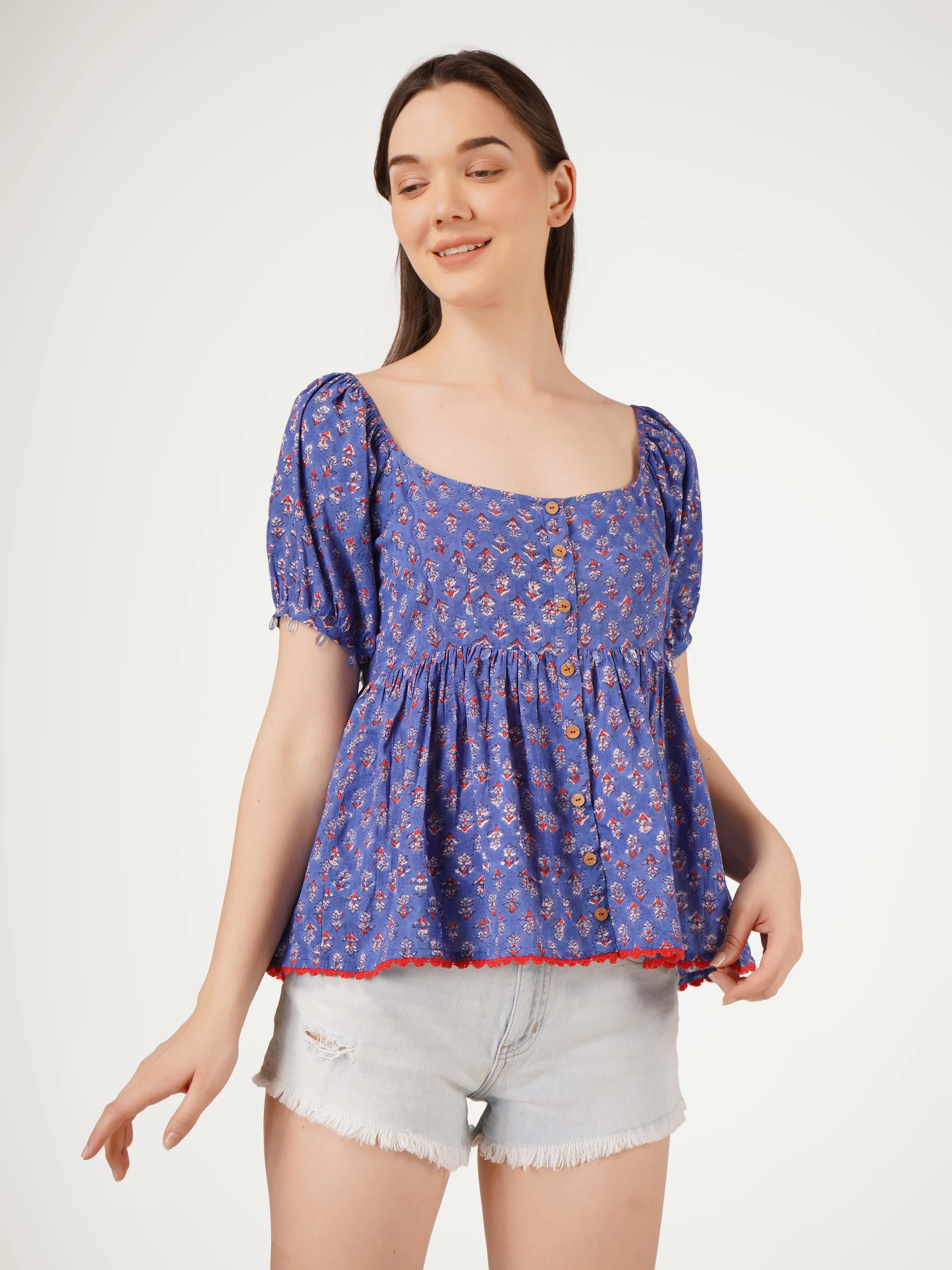 Blue Cotton Lace Embellishments Printed Top