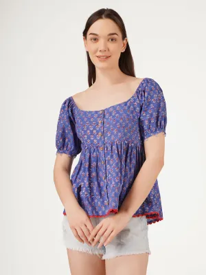 Blue Cotton Lace Embellishments Printed Top