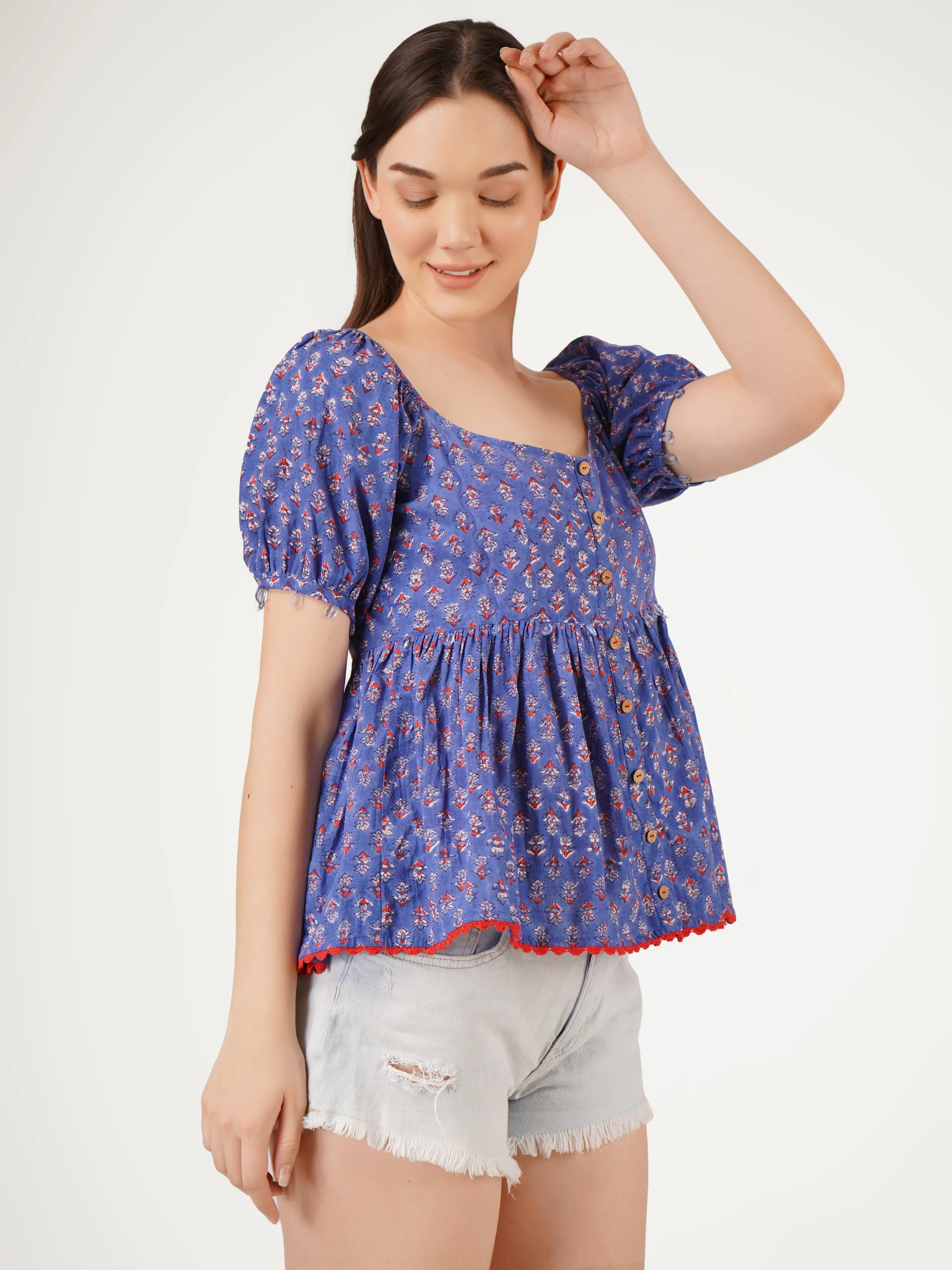 Blue Cotton Lace Embellishments Printed Top