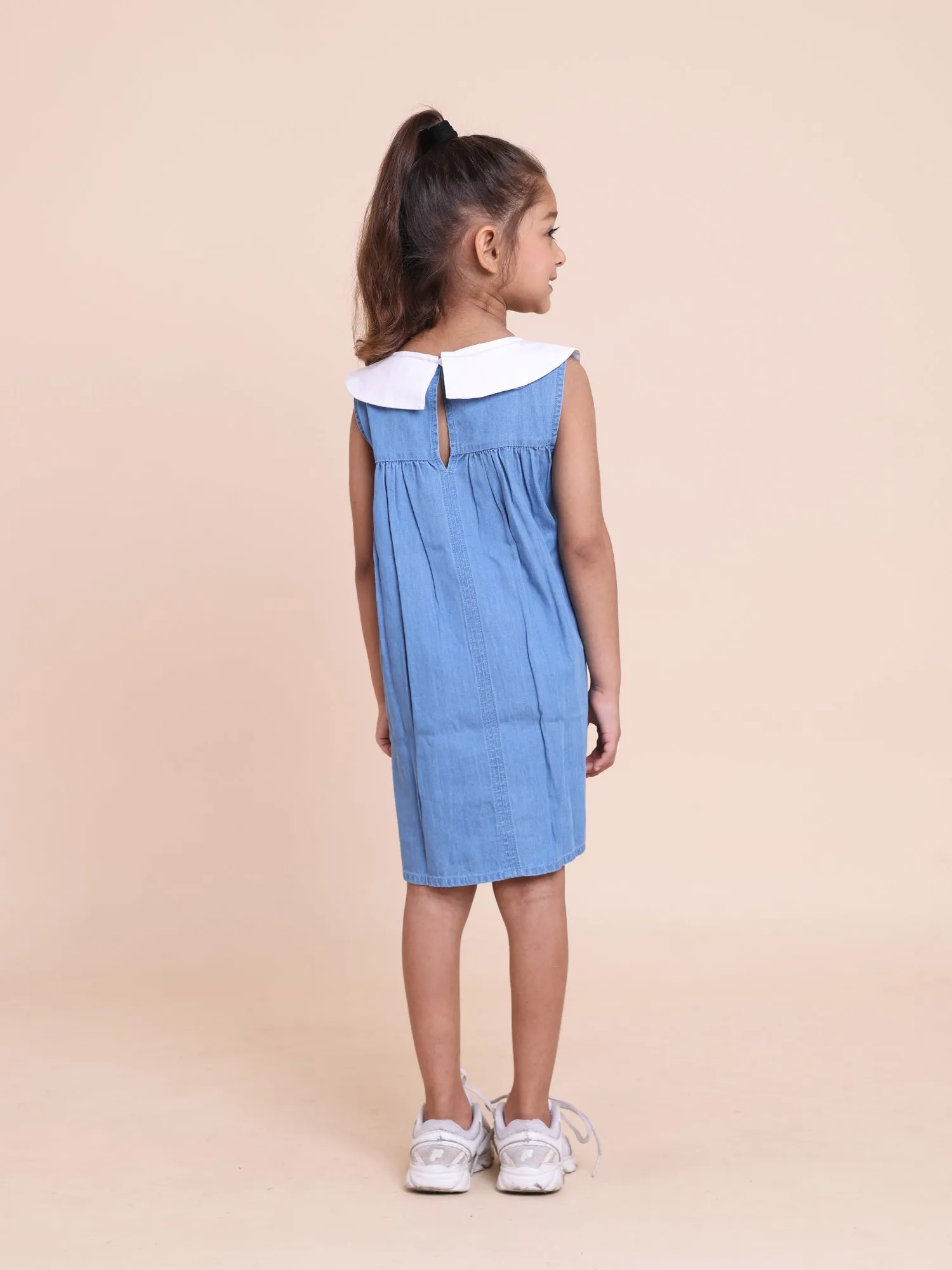 Blue Sleeveless Button Dress with White Collar