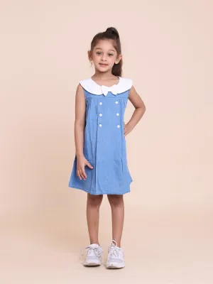 Blue Sleeveless Button Dress with White Collar