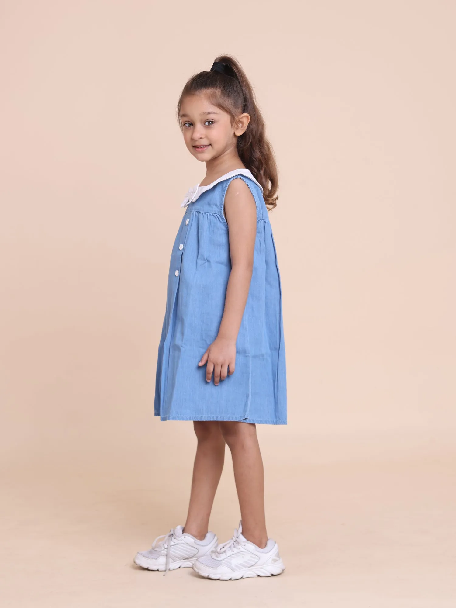 Blue Sleeveless Button Dress with White Collar