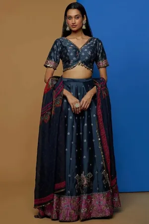Blue Steed Embroidered Lehenga Set