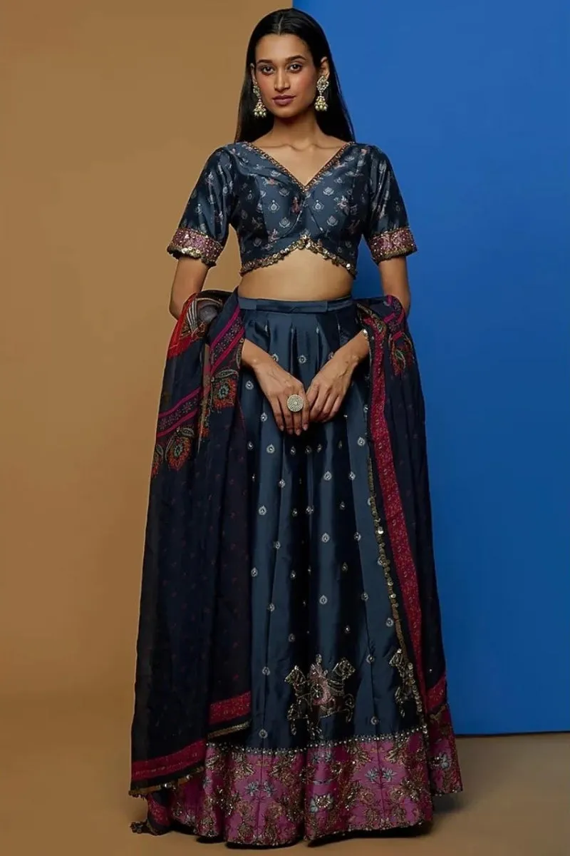 Blue Steed Embroidered Lehenga Set