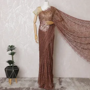 Blush Rose Lace Saree: French Couture Elegance, Blouse Excluded-D17453