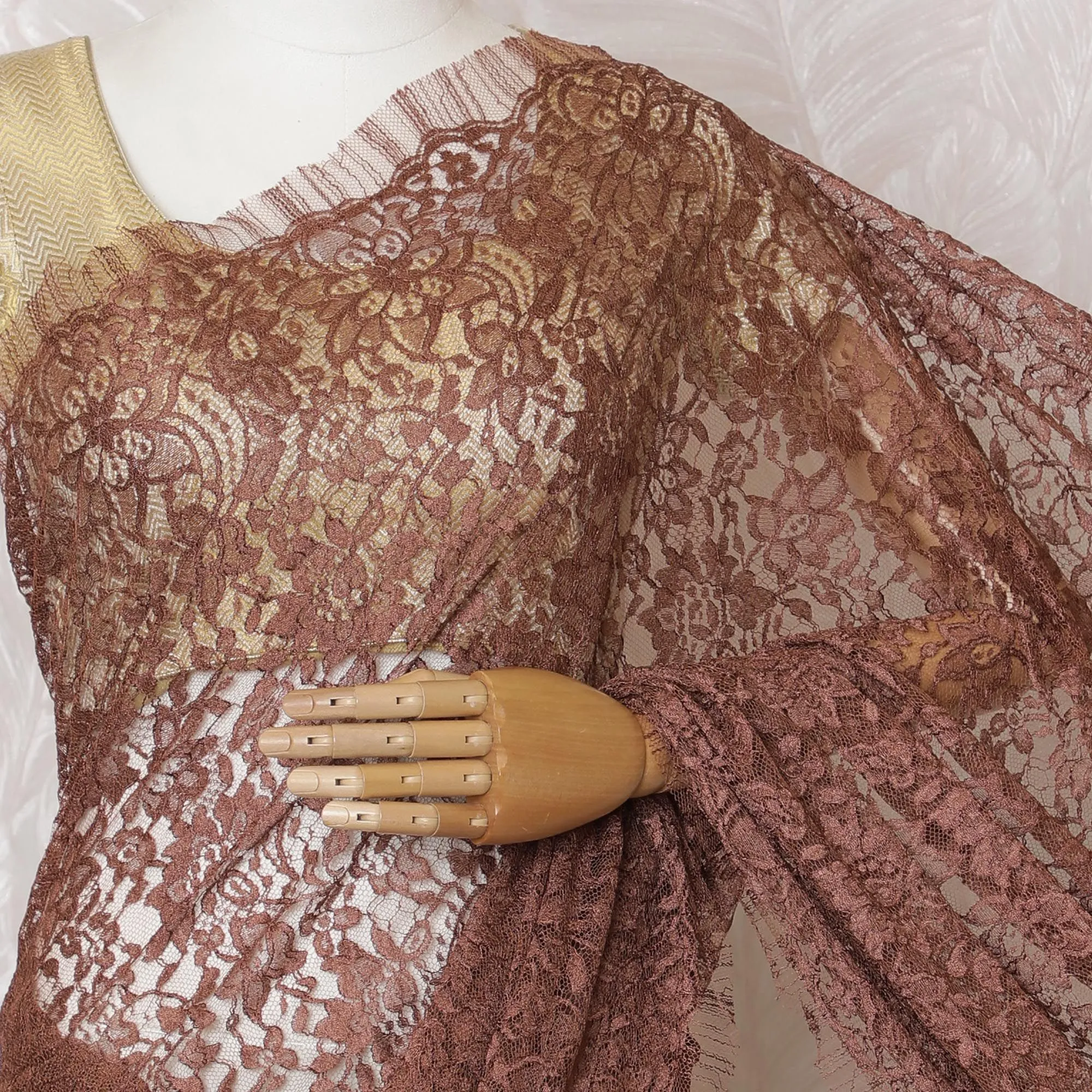 Blush Rose Lace Saree: French Couture Elegance, Blouse Excluded-D17453
