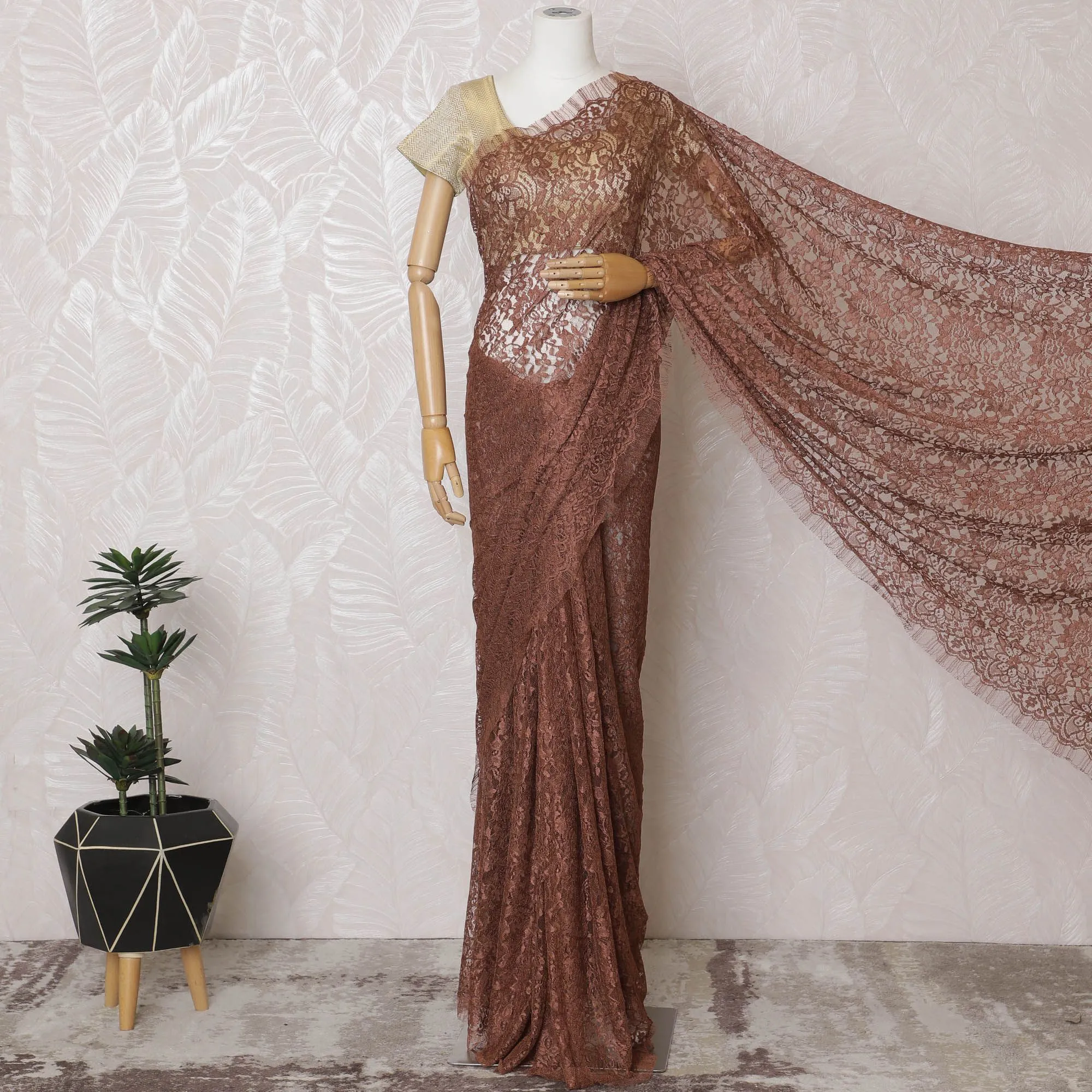 Blush Rose Lace Saree: French Couture Elegance, Blouse Excluded-D17453