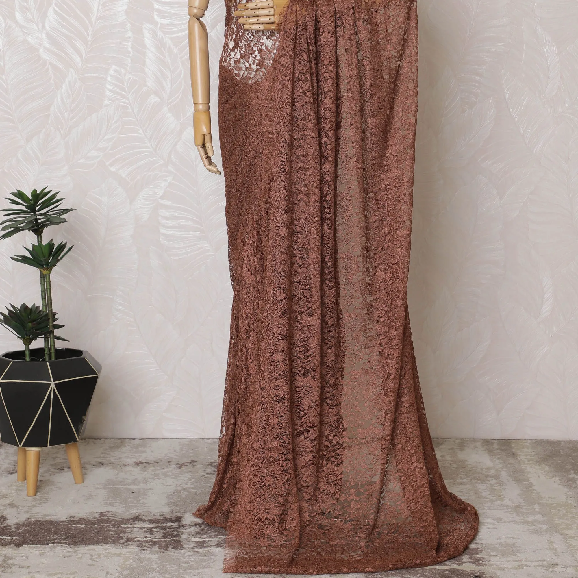Blush Rose Lace Saree: French Couture Elegance, Blouse Excluded-D17453
