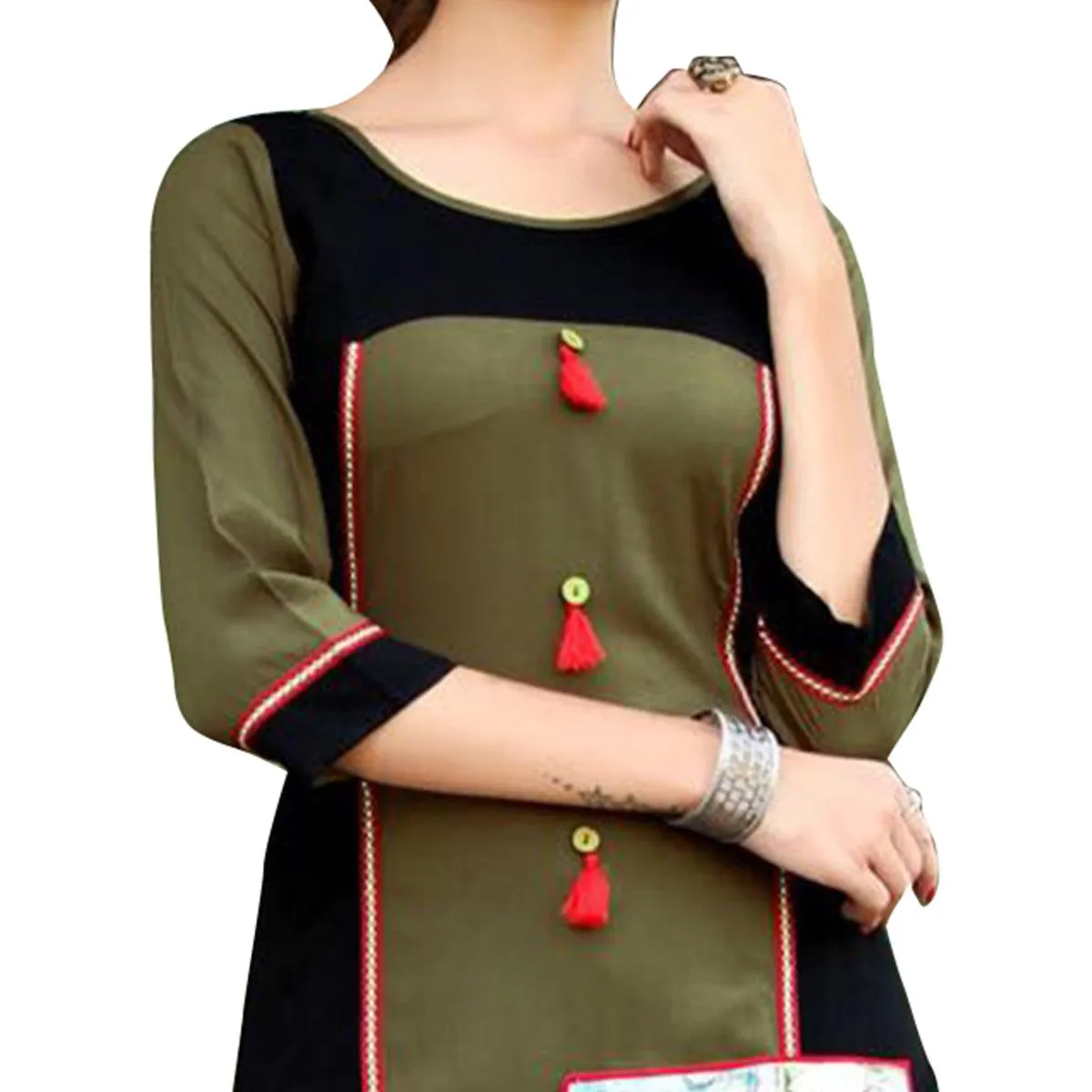 Bold Black-Green Colored Printed Rayon Kurti