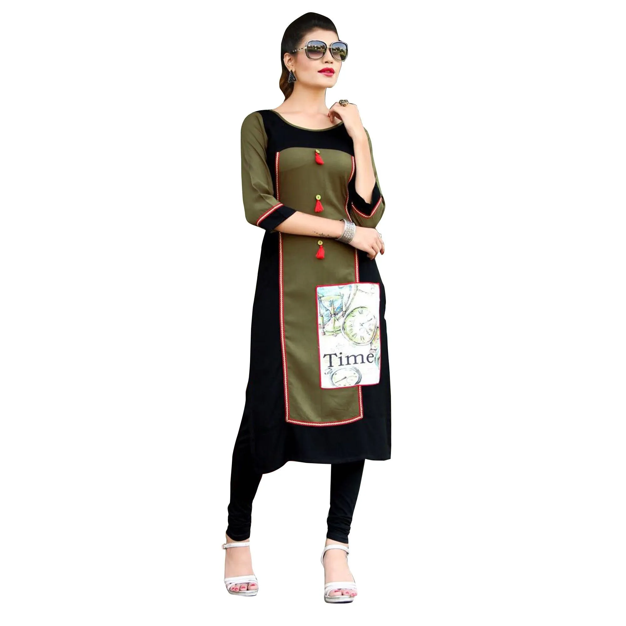 Bold Black-Green Colored Printed Rayon Kurti